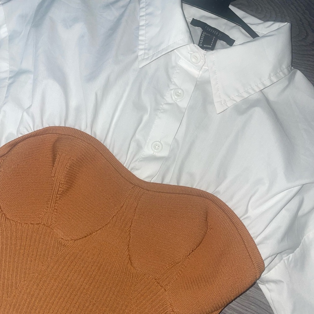 Forever 21 White Button-Up Shirt and Brown Knit Cropped Top